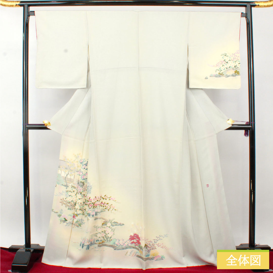 訪問着 正絹 袷 身丈168.5cm 裄丈68cm 銀白色（ぎんはくしょく） 加賀友禅 茶屋辻模様 作家物 Aランク グレー系 1112004743522