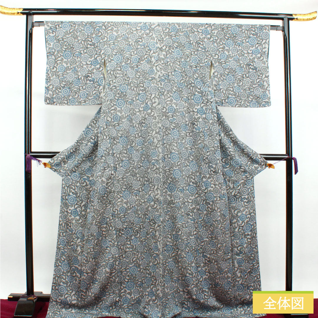 小紋 正絹 身丈172cm 裄丈64cm 袷  白銅色 京紅型 菊  Sランク グレー系 1115003572622