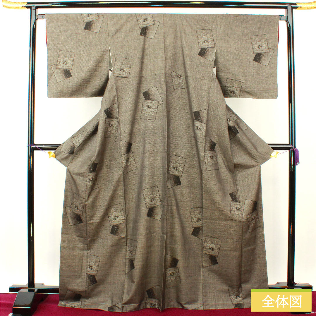 Silk pongee, Length 170.5cm, Sleeve length 67.5cm, Oshima pongee, 7 marks, Floral pattern, With basting thread, A rank, Lined, Brown, 1116003753614