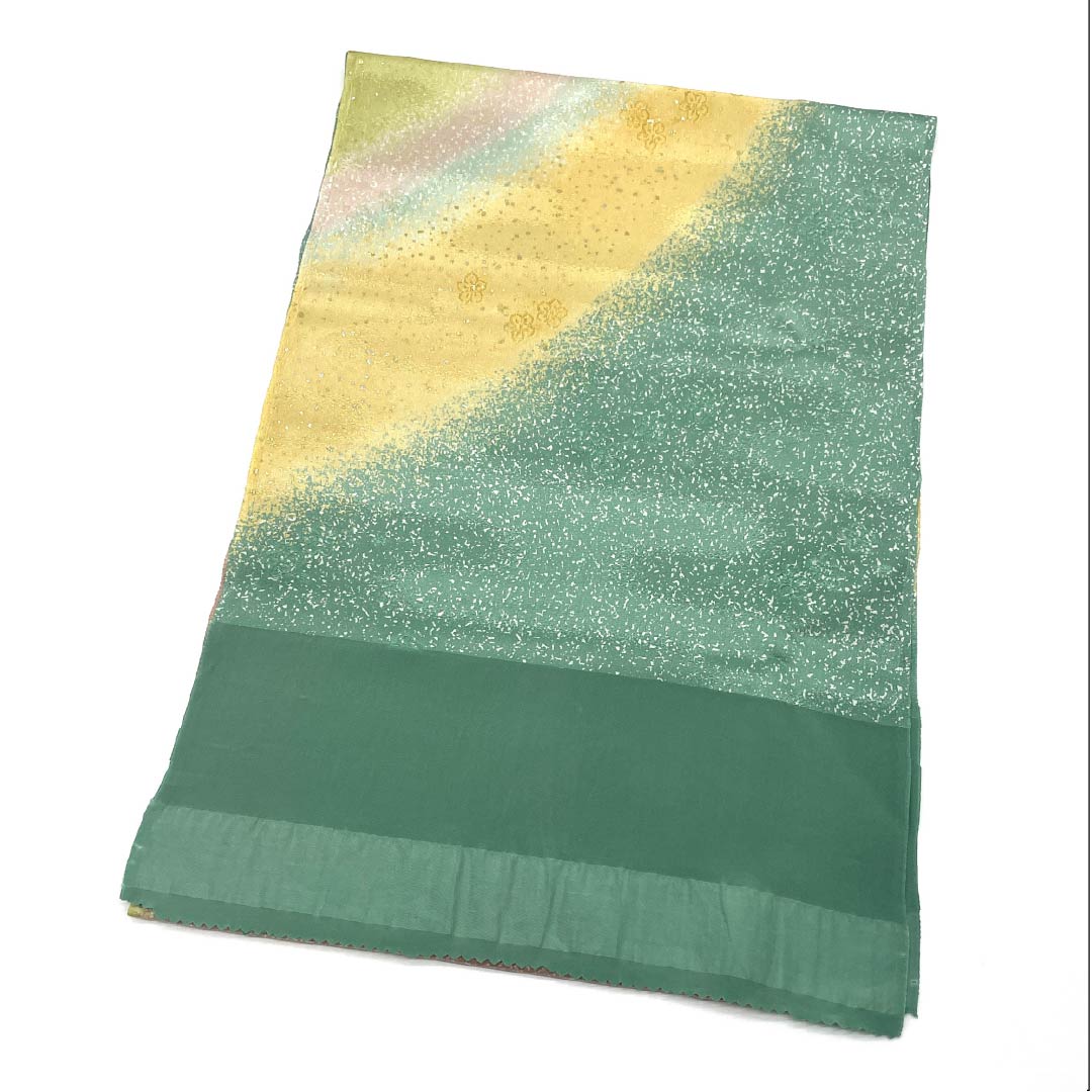 Obiage, pure silk, semi-formal, rock green, dyed, gradation, floral pattern, length 176cm, width 30cm, S rank, green, 1136000632919