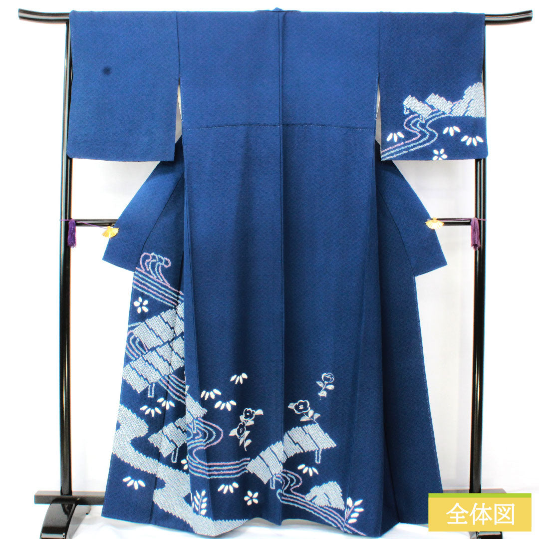 訪問着 正絹 袷 身丈160cm 裄丈66cm 紺瑠璃色（こんるりいろ） 部分絞り 抽象模様 Aランク 紺系 1112005663418