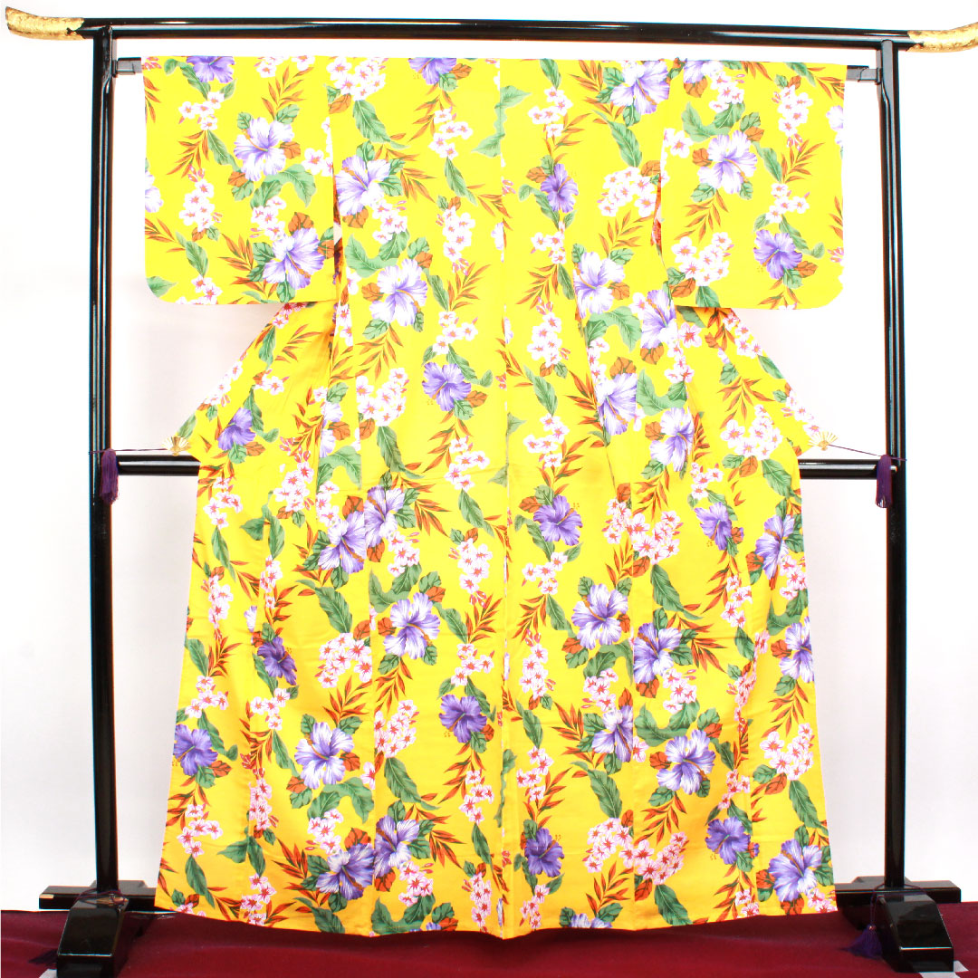 Yukata, yellow, hibiscus, cotton, S rank, single layer, length 165cm, sleeve length 67.5cm, yellow, 1118003262523