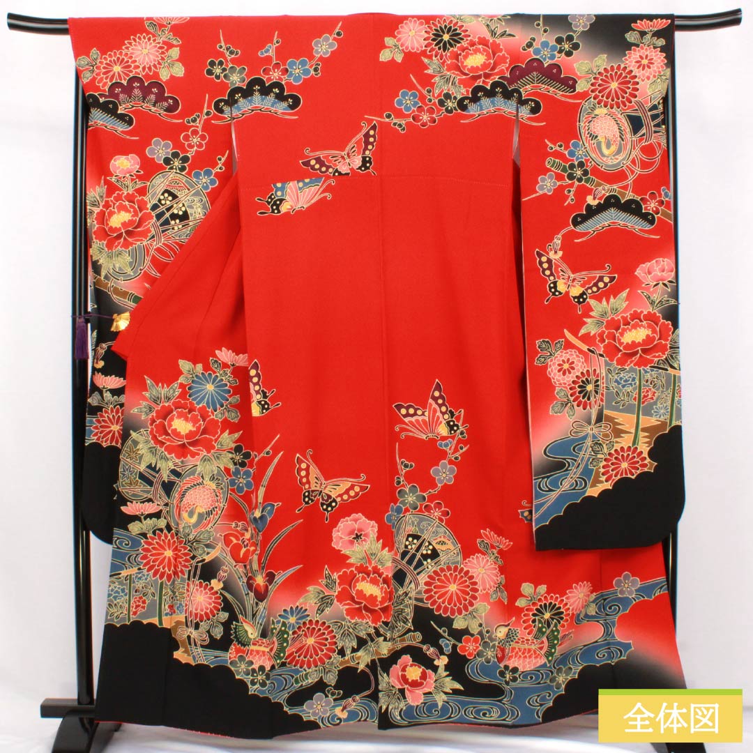 振袖 正絹 Sランク 身丈161.5cm 裄丈67.5cm 袷 赤色（あかいろ） 京紅型 吉祥文様 松竹梅 蝶 鼓 赤系 1113002722412