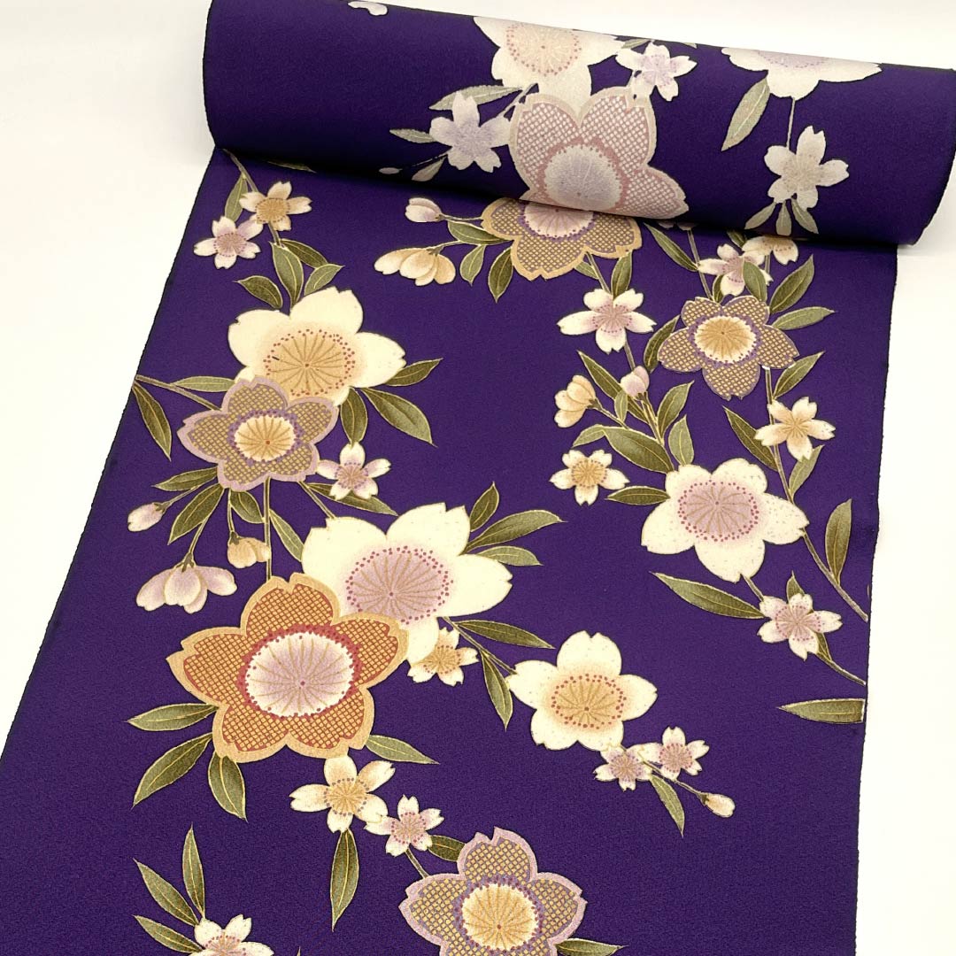 Fabric, Komon, Pure Silk, Eggplant Navy Blue, Tango Chirimen, Cherry Blossom, Floral Pattern, New Rank, Purple, 1130001091920