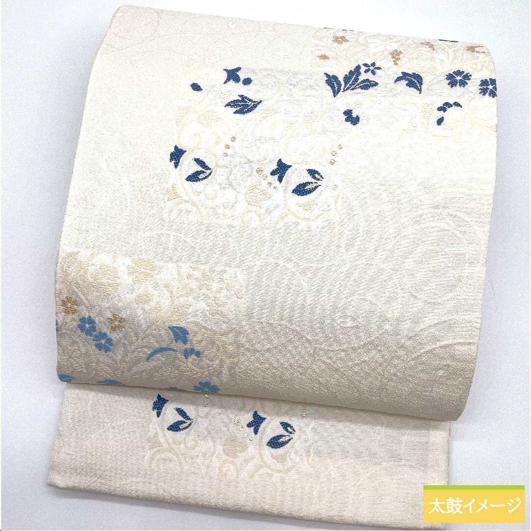 【未仕立】袋帯 正絹 NEWランク 胡粉色（ごふんいろ） 小花模様 市松模様 葡萄  帯丈474cm 六通 セミフォーマル 白系 1123010641411