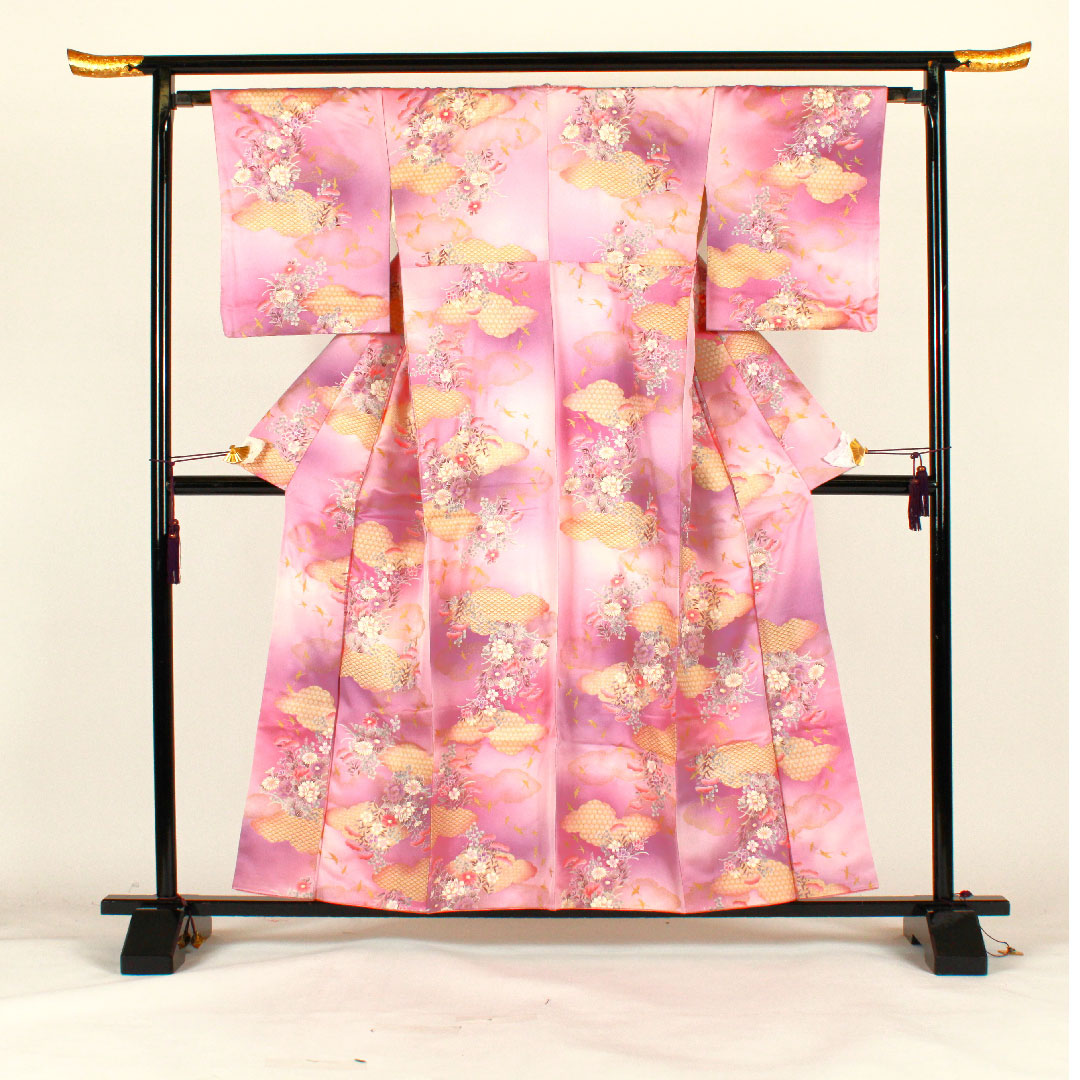 小紋 身丈158cm 裄丈65cm 袷  洗える着物 雲取り 草花模様  ポリ Aランク 紫系 1115001623320