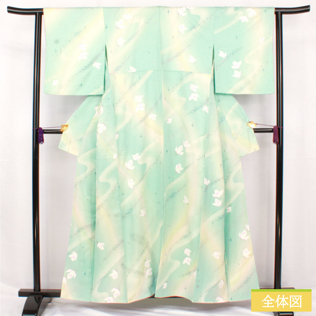 Komon, pure silk, length 157cm, sleeve length 63cm, lined, abstract flower, silver glaze finish, S rank, light blue, 1115004902324