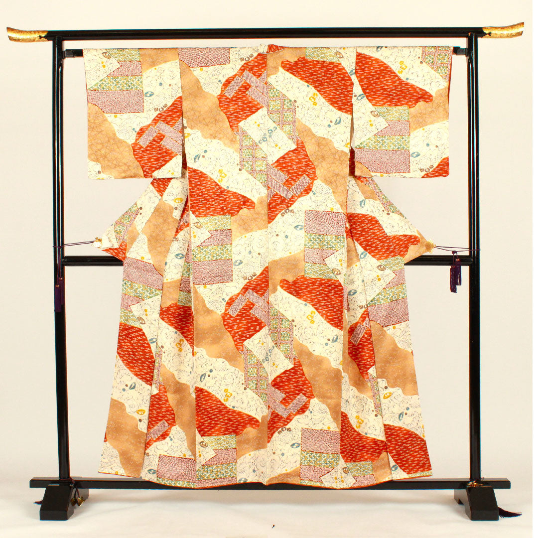 小紋 身丈157cm 裄丈65.5cm 袷  辻ヶ花 七宝 染疋田  正絹 Aランク クリーム系 1115001993315