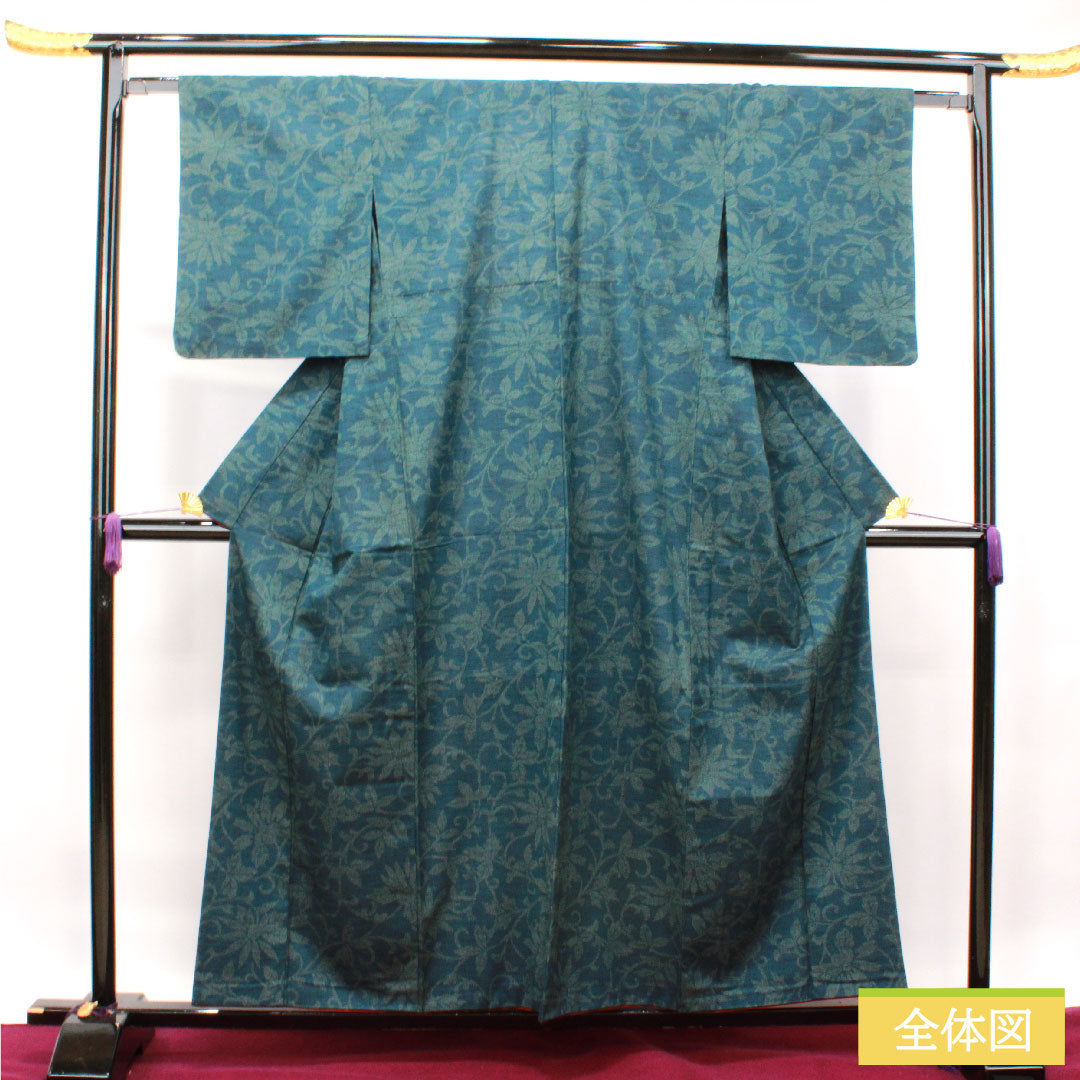 紬 正絹 身丈158cm 裄丈62.5cm  高麗納戸色 草花模様 胴抜き仕立 Sランク 胴抜き 緑系 1116002922319