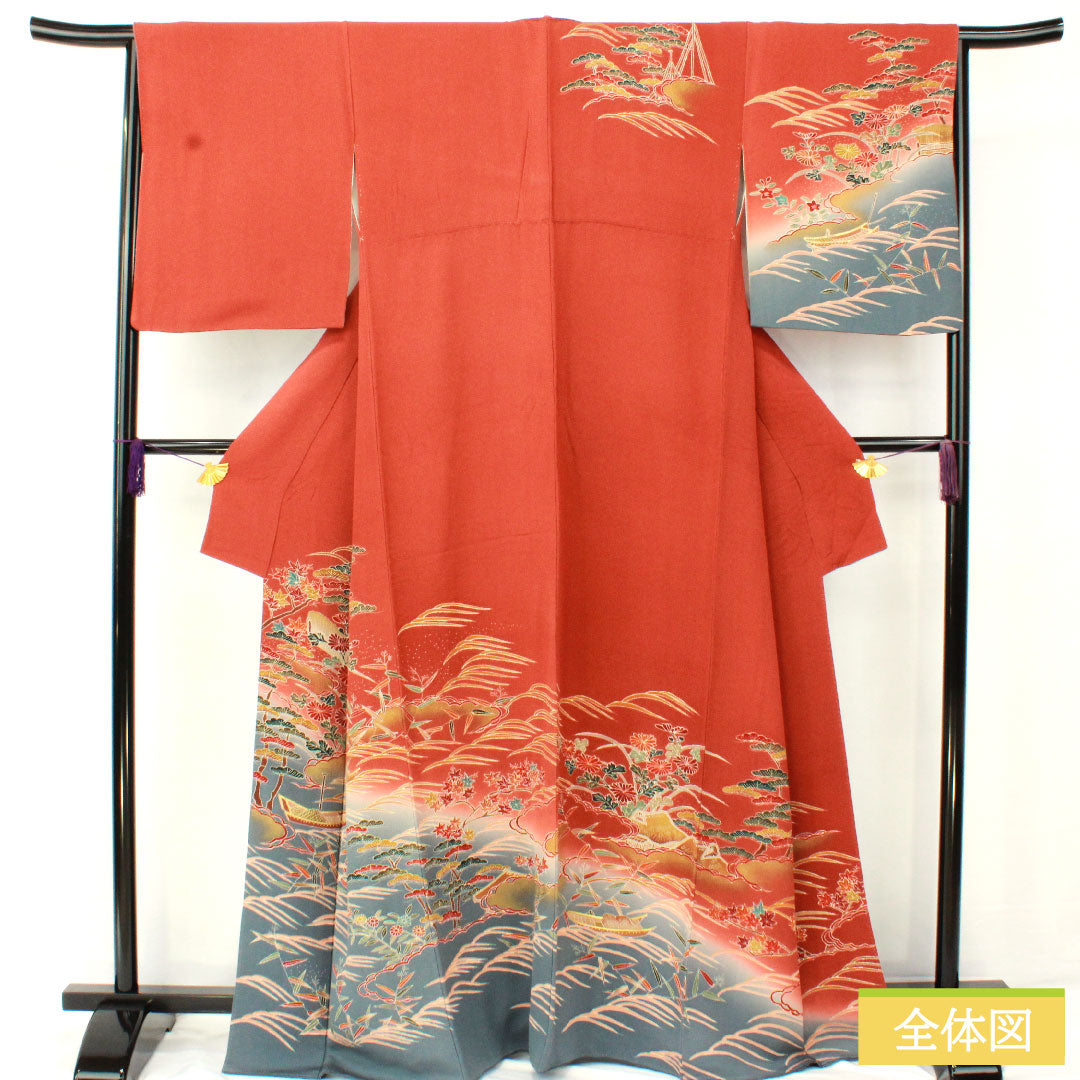 訪問着 正絹 袷 身丈165.5cm 裄丈65cm 弁柄色（べんがらいろ） 京友禅 茶屋辻風景模様 ちりめん地 Aランク 朱系 1112005923516