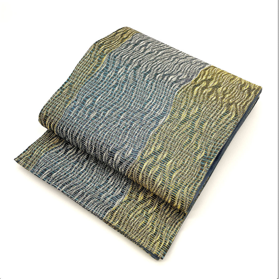 袋帯 さざ波 よろけ縞 帯丈444cm 正絹 Sランク 全通 セミフォーマル 青系 1123002582317