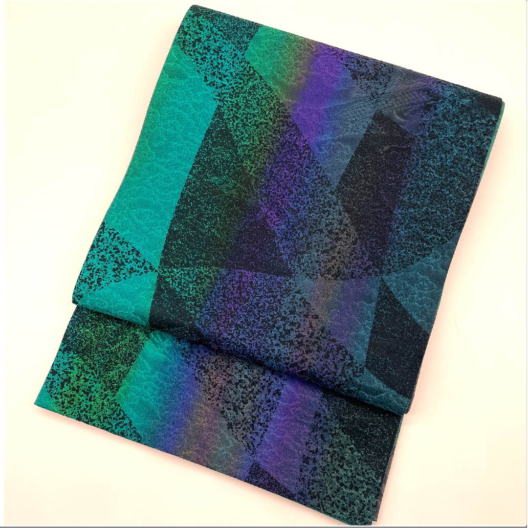 Fukuro obi (duck-colored obi) in classic geometric pattern, obi length 454cm, pure silk, S rank, full-length, casual, gradation style, 1123008702499