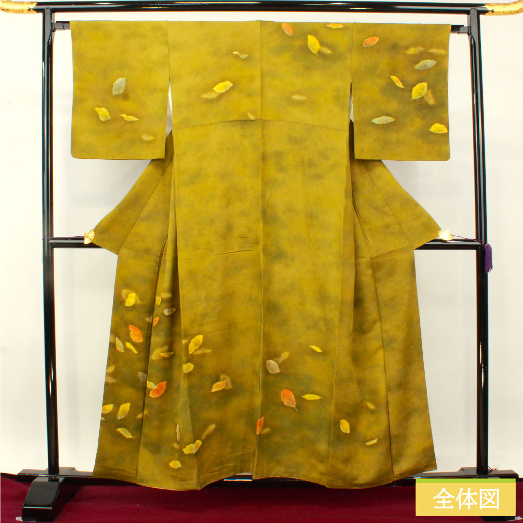 訪問着 正絹 袷 身丈157cm 裄丈66cm 青宣徳色（あおせんとくいろ） 濡れ描き 落葉模様 Aランク 緑系 1112004853319