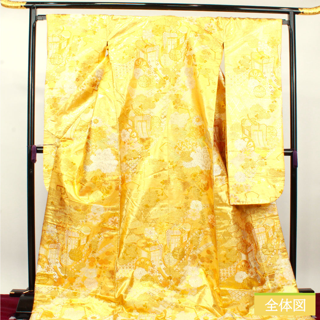 色打掛 正絹 身丈196cm 裄丈67cm  唐織 金糸 御所車 松竹梅 吉祥文様 Sランク 袷 金系 1110000762921
