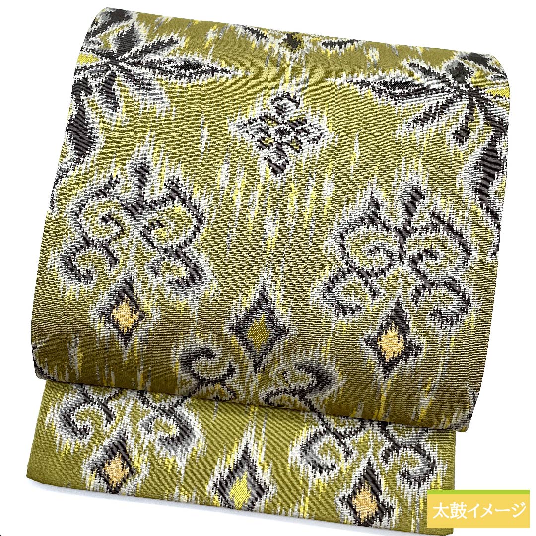 Fukuro Obi, pure silk, national defense color, by Ori Kobo Kanae, ikat floral pattern, geometric pattern, obi length 441cm, S rank, full length, semi-formal, green, 1123010832319