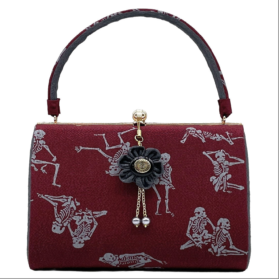 Japanese Kimono Bag, Casual, NEW Rank, Reddish Purple, Skeleton Skull, Handmade by Artist, Reddish Tone, 113900139112