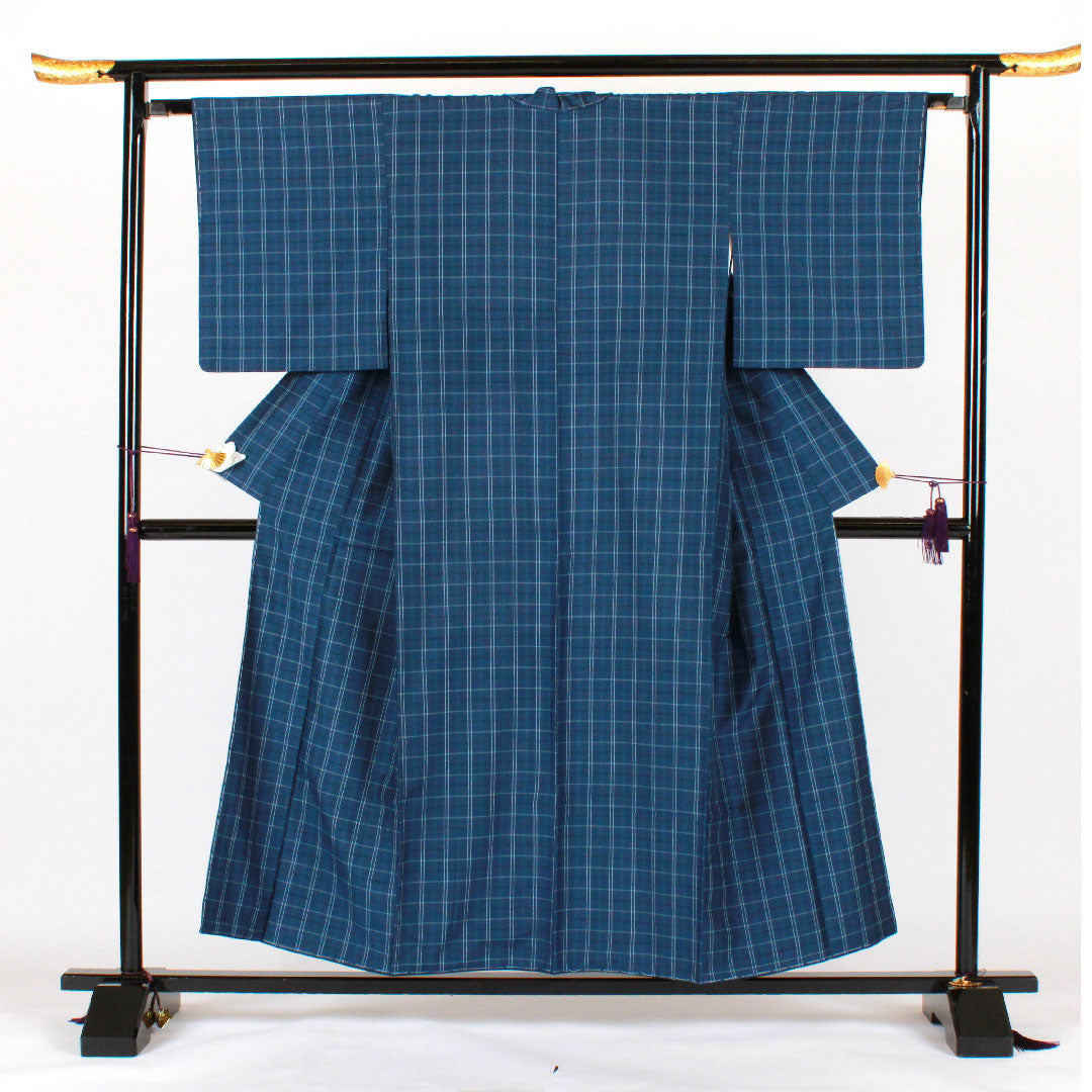 Tsumugi, Length 155cm, Sleeve length 63.5cm, Check pattern, Pure silk, S rank, Lined, Navy blue, 1116001492318