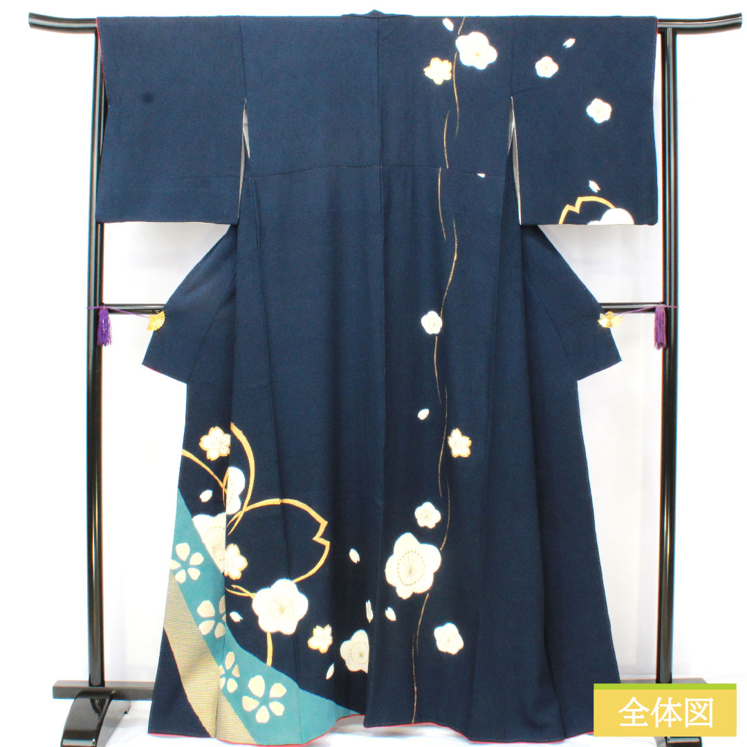 Homongi, pure silk, lined, length 162.5cm, sleeve length 62cm, navy blue, plum, cherry blossom, B rank, navy blue, 1112005634418