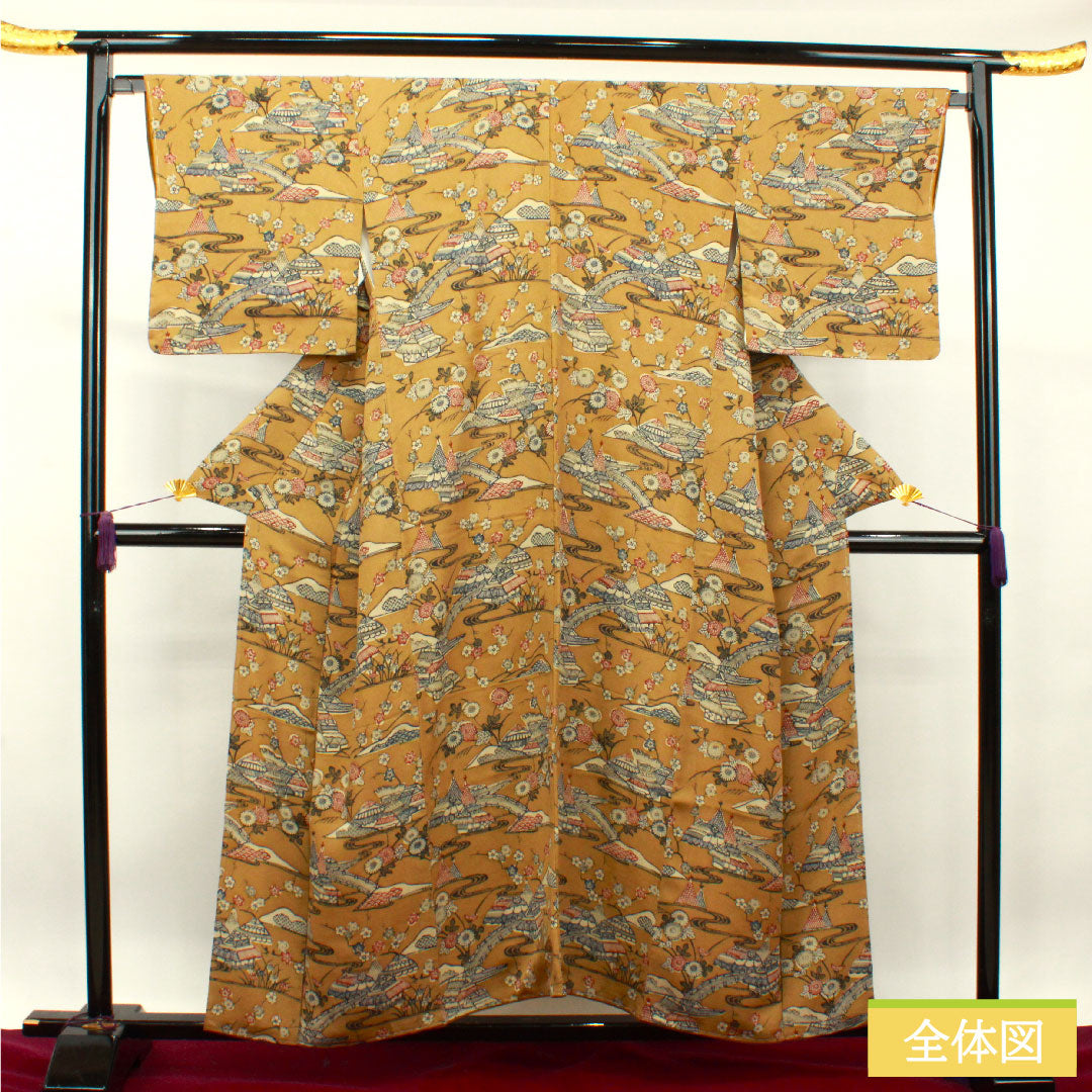 小紋 正絹 身丈154.5cm 裄丈67cm 袷  猟虎色 京紅型 茶屋辻 しつけ糸付き  Sランク 茶系 1115003702214
