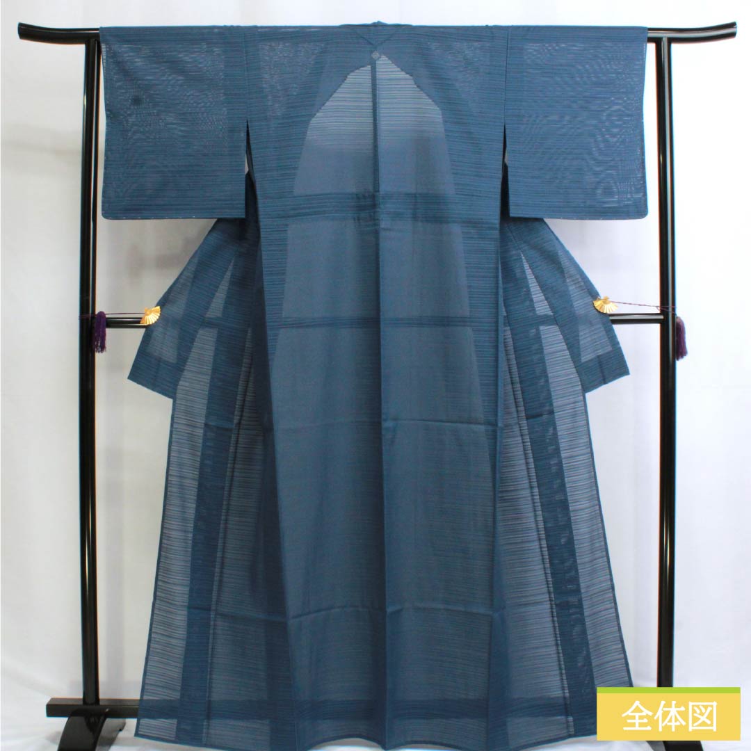 Summer solid color polyester kimono, S rank, length 164cm, sleeve length 63cm, lining color (urairo), one crest, chuin kakutate yotsume, blue, product code: 1132003212417