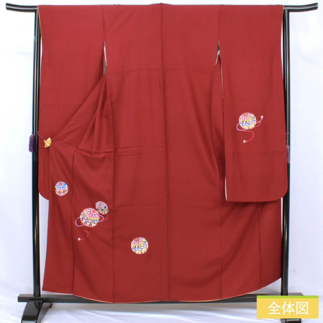Furisode Pure Silk S Rank Length 157cm (4ft 9in) Sleeve-to-sleeve 64cm (2ft 1in) Lined Dark Red (Enji-iro) Suzhou Embroidery Temari Red color scheme 1113002802312