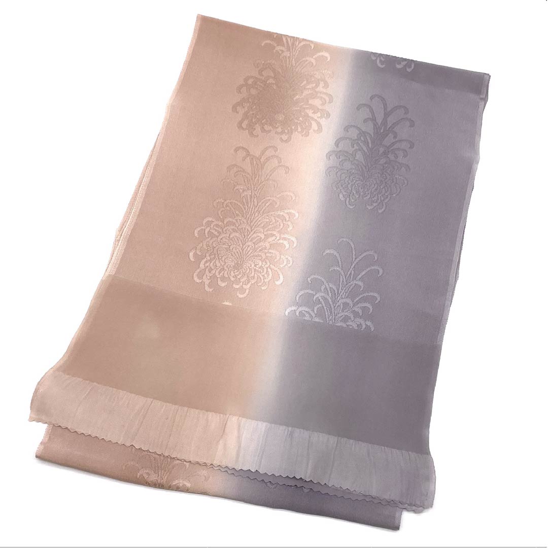 S-Rank Silk Obiage (Sash) - Casual Style - Nibumurasaki (Dust Purple) and Bokeiro (Lovely Color) - Two-Tone Design with Thread Chrysanthemum Design - Length: Approx. 180cm, Width: Approx. 28.5cm, Gray Tones - Product Number: 1136001842922
