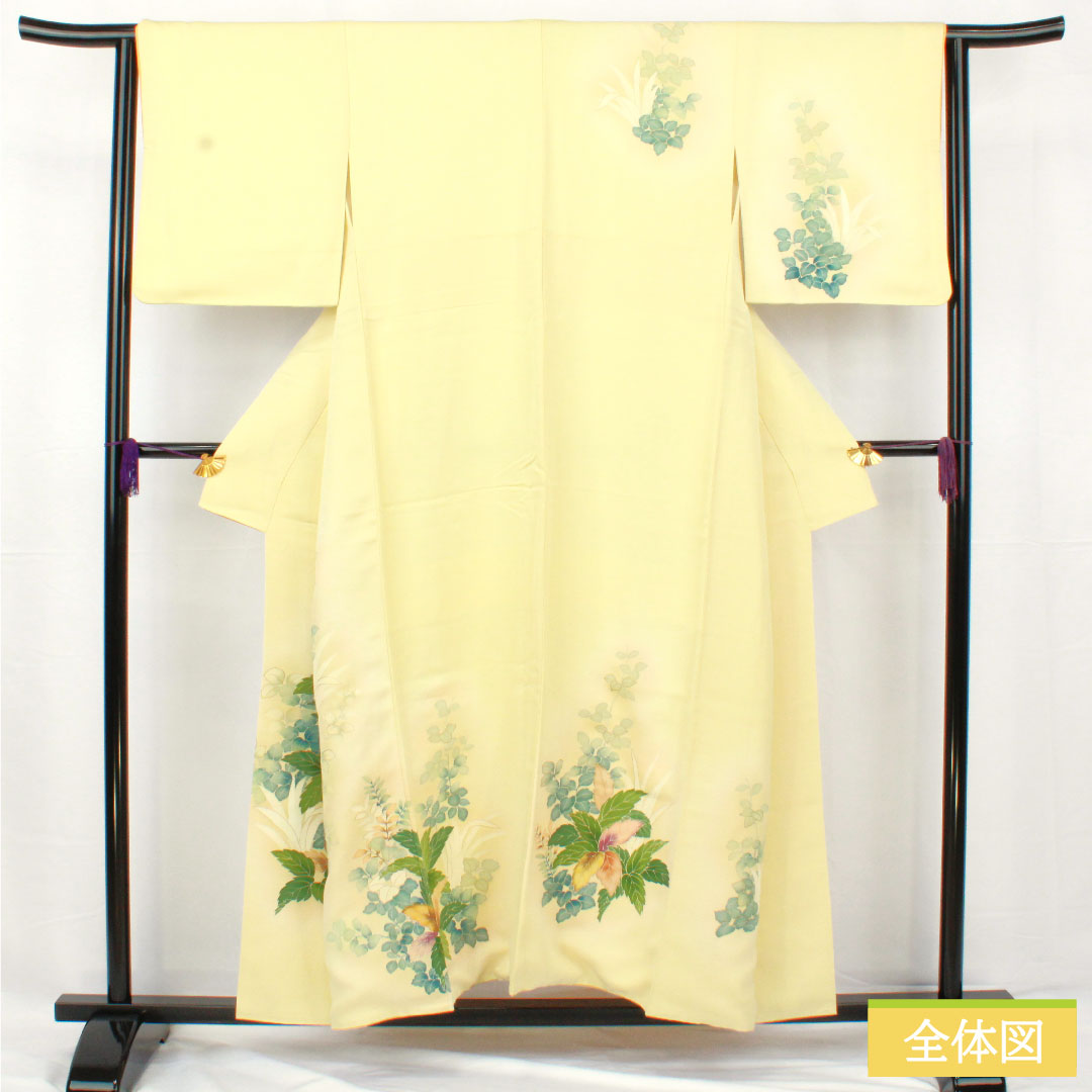 訪問着 正絹 袷 身丈156.5cm 裄丈63cm 淡黄色（たんこうしょく） 京友禅 草花模様 Aランク 黄系 1112005393323