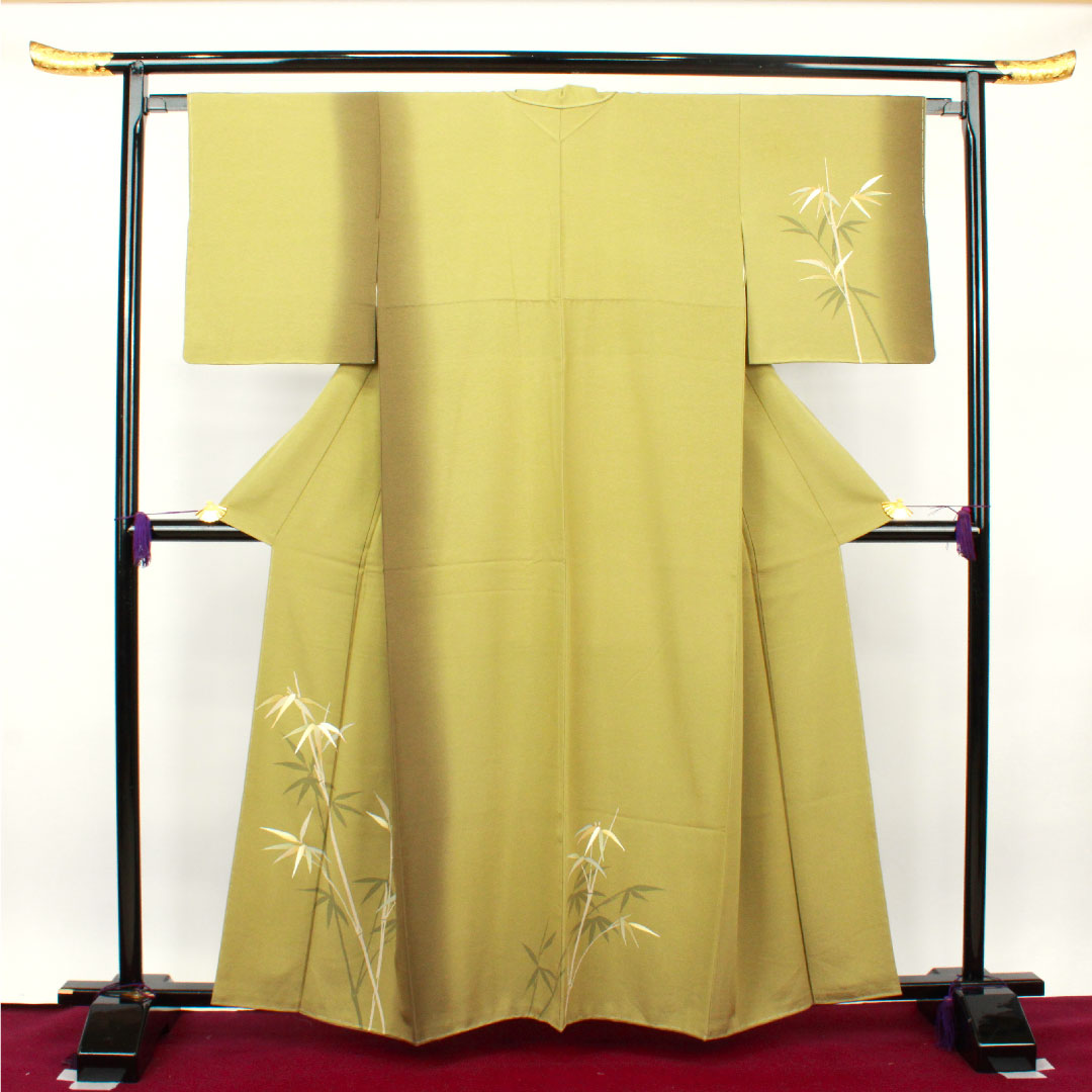 Homongi, lined, length 160.5cm, sleeve length 64cm, unused, with basting thread, dried grass color, Kyoto Yuzen, bamboo grass, pure silk, S rank, green, 1112002272419