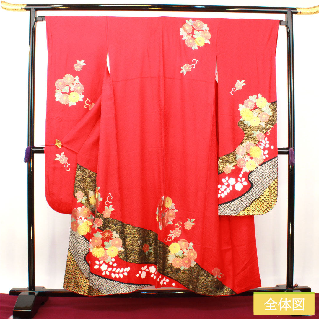 Furisode, pure silk, length 154.5cm, sleeve length 66cm, lined, Turkish red, Kyoto Yuzen, chrysanthemum, A rank, red, 1113001983212