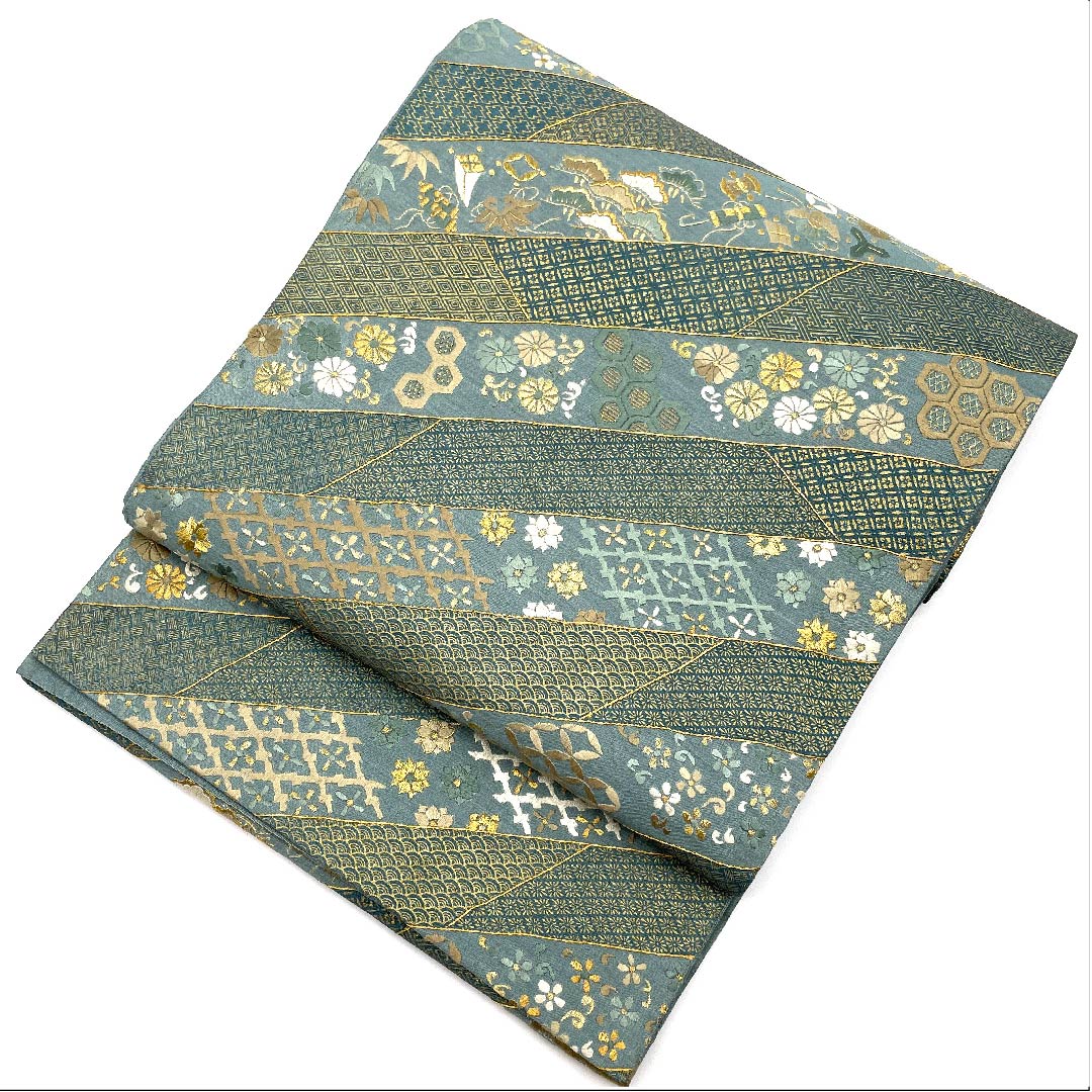 Fukuro obi (indigo brown) with embroidery, auspicious motifs, homaku (treasure scroll), flower arabesque pattern, obi length 430cm, pure silk, S rank, six-pass, formal, green, 1123008142319