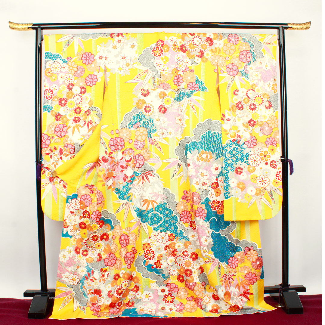 振袖 身丈177cm 裄丈70cm 袷  向日葵色 京友禅 菊 竹  正絹 Sランク 黄系 1113000942823