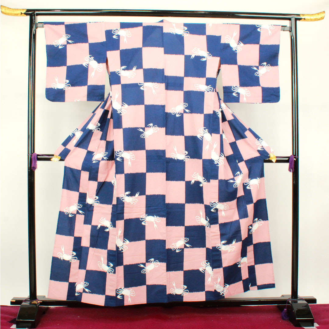 Yukata Checkered Crab Cotton A Rank Single Layer Length 157cm Sleeve Length 66.5cm Gradient 1118002953399
