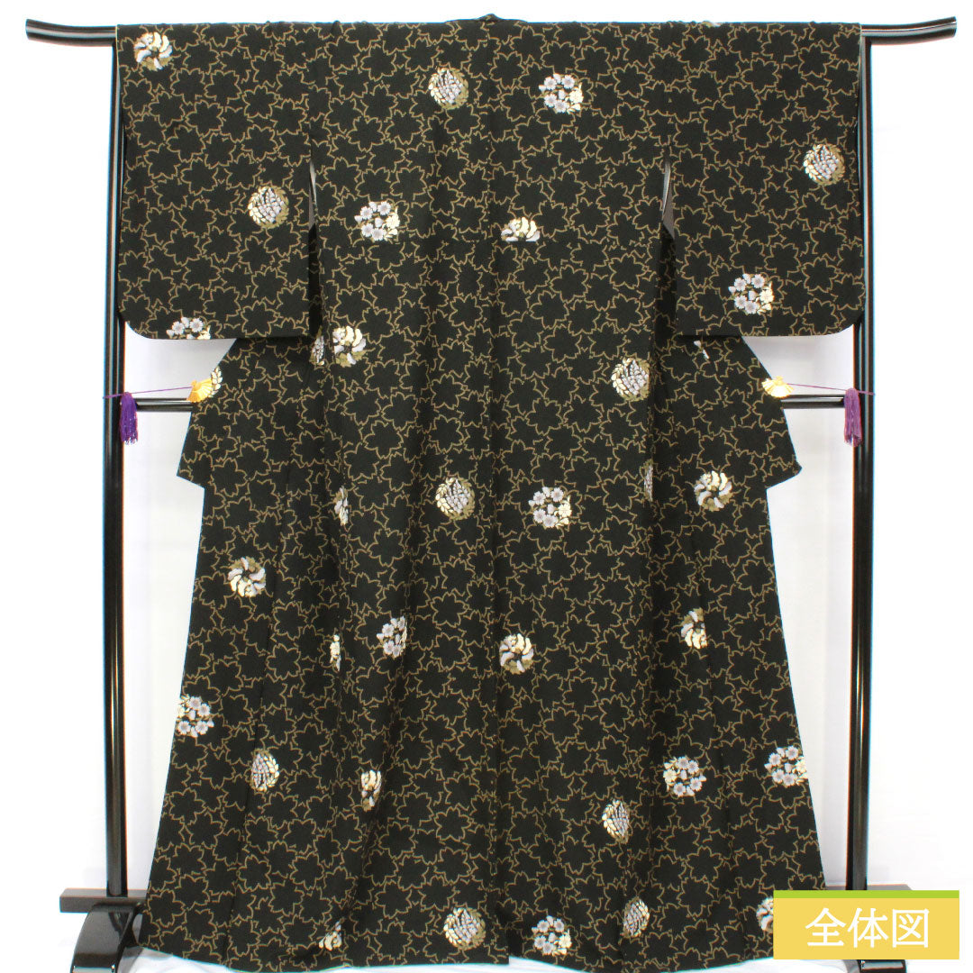 Small pattern, polyester, length 166.5cm, sleeve length 67cm, lined, washable kimono, cherry blossom, floral pattern, S rank, black, 1115004952510