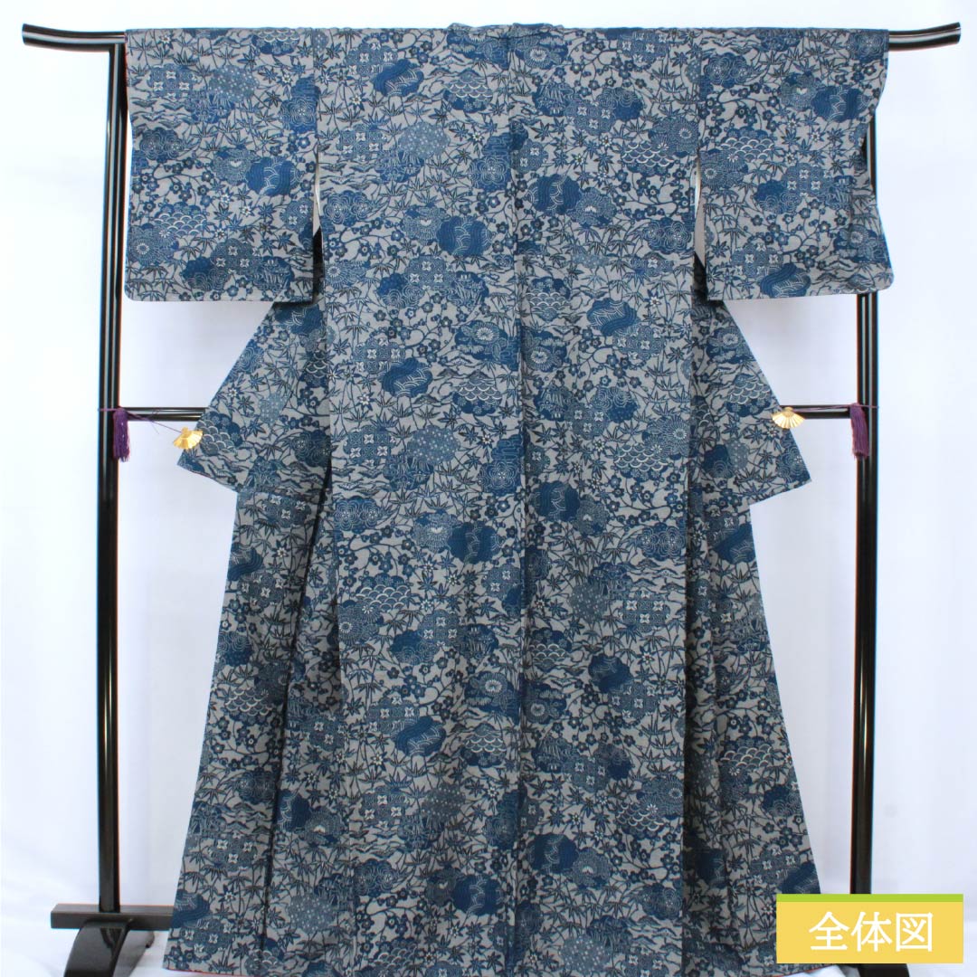 Komon (small pattern) silk, S rank, length 166cm, sleeve length 67cm, lined, Kyoto Bingata (red dye) pattern, indigo dye, tsumugi fabric, floral pattern, gray, product number 1115007212522
