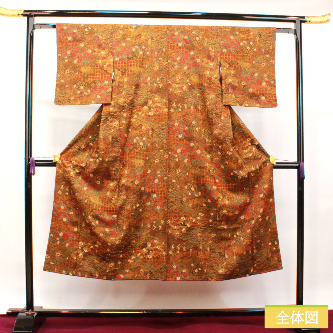 小紋 正絹 身丈140cm 裄丈60.5cm 袷  濃茶色 草花模様 しつけ糸付き 未使用品  Sランク 茶系 1115003732114