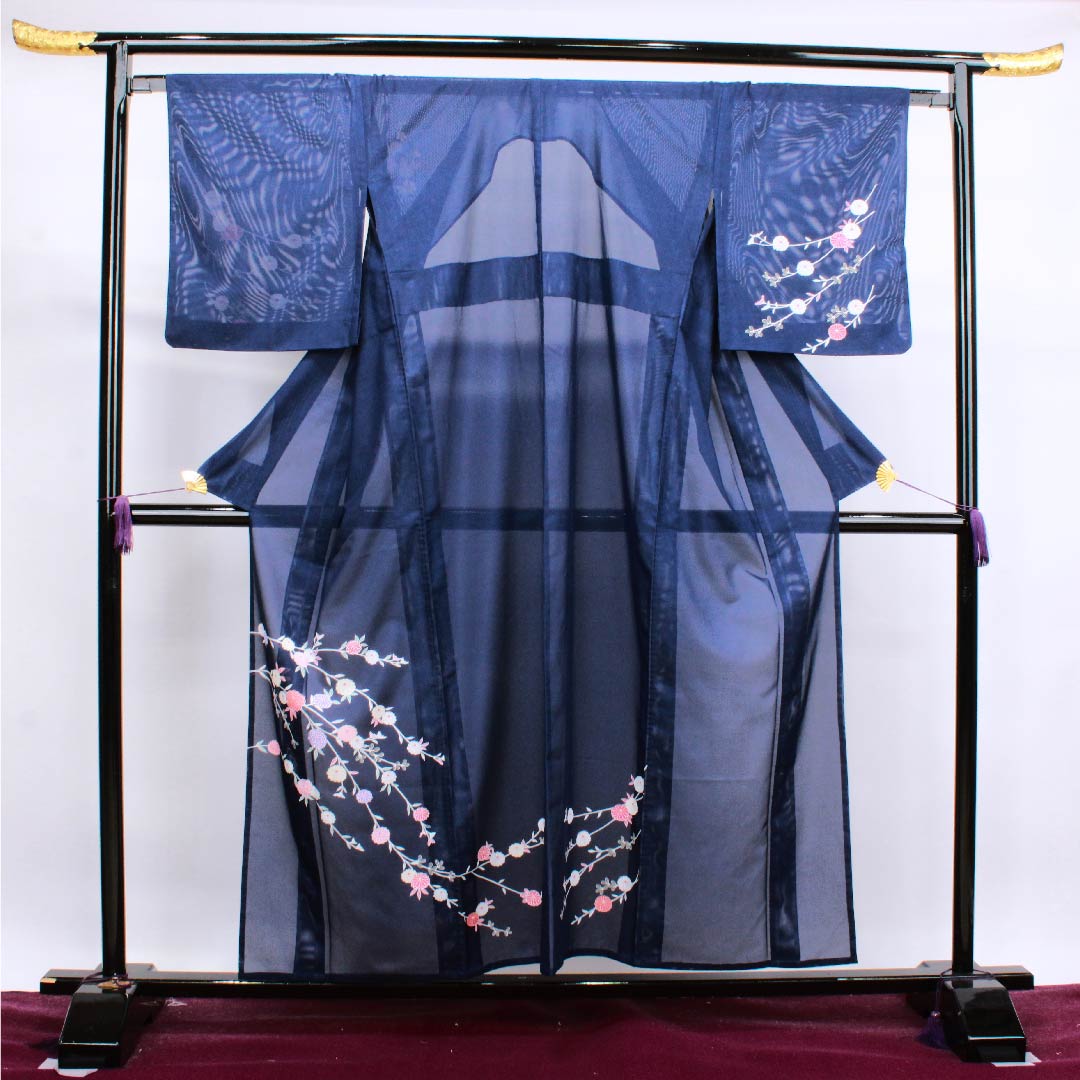 Summer polyester formal kimono, length 156.5cm, sleeve length 65cm, dark blue, chrysanthemum, silk, S rank, navy blue, 1132000102318