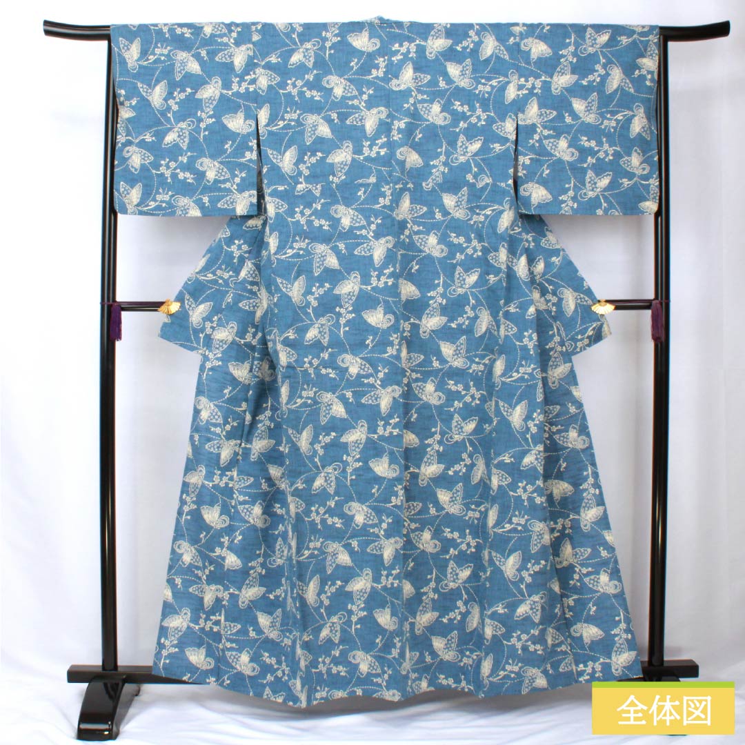浴衣 木綿 身丈160cm 裄丈66cm Sランク 単衣 青系 青黛色（せいたいいろ） 梅 蝶 1118005882417
