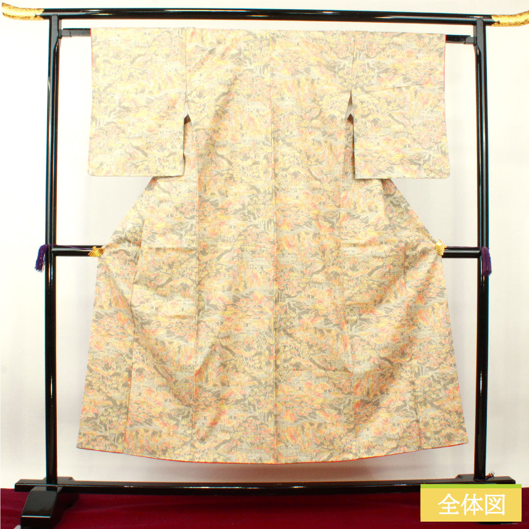 紬 正絹 身丈150.5cm 裄丈62cm 絹鼠色（きぬねずいろ） 風景模様 しつけ糸付き 未使用品 Sランク 袷 グレー系 1116003402122