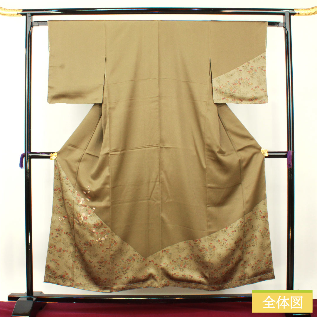 Homongi, pure silk, lined, length 154cm, sleeve length 63cm, kobi chairo (light brown), floral pattern, with basting thread, A rank, green, 1112004523219