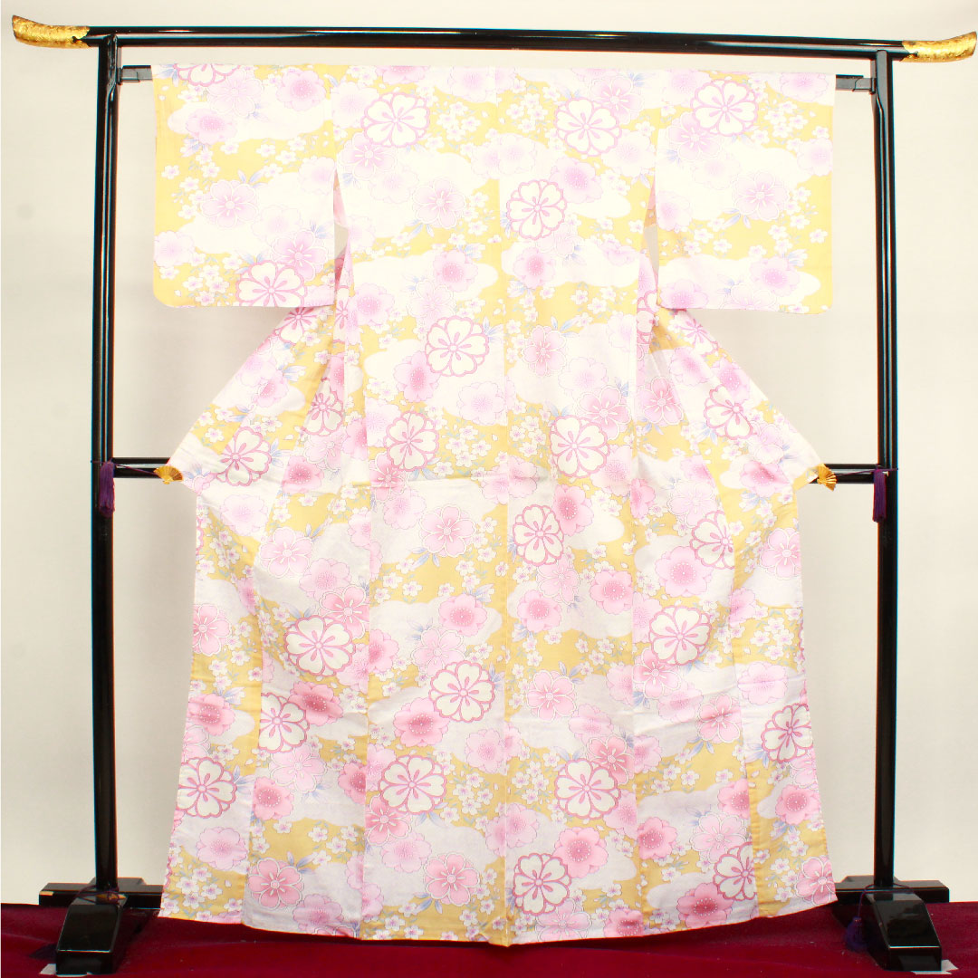 浴衣 桜 雲取り 木綿 Sランク 単衣 身丈166.5cm 裄丈65cm グラデーション系 1118002772599