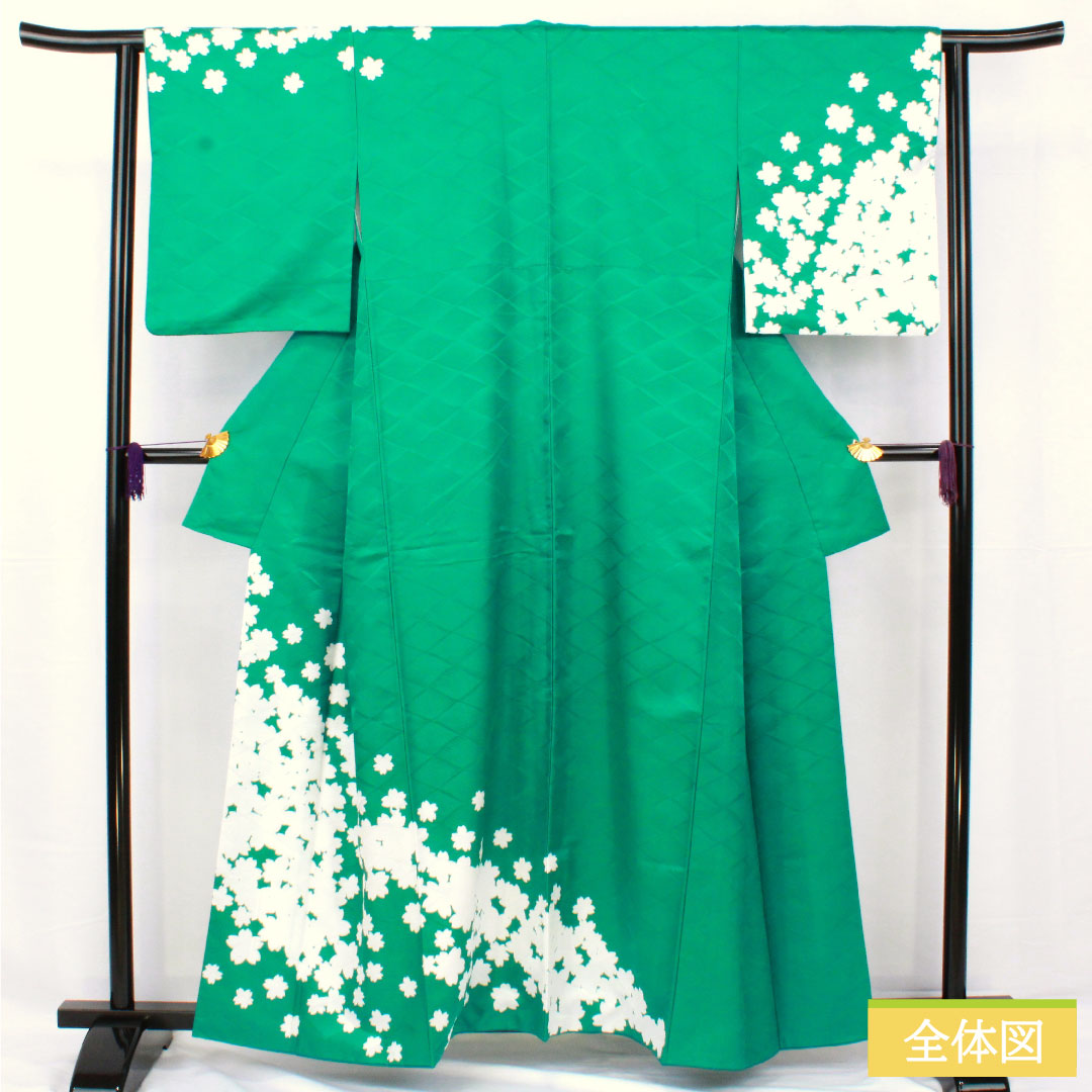 Homongi (formal kimono) made of polyester, lined, length 159cm, sleeve length 62cm, peacock green, washable kimono, cherry blossom, S rank, green, 1112005372319