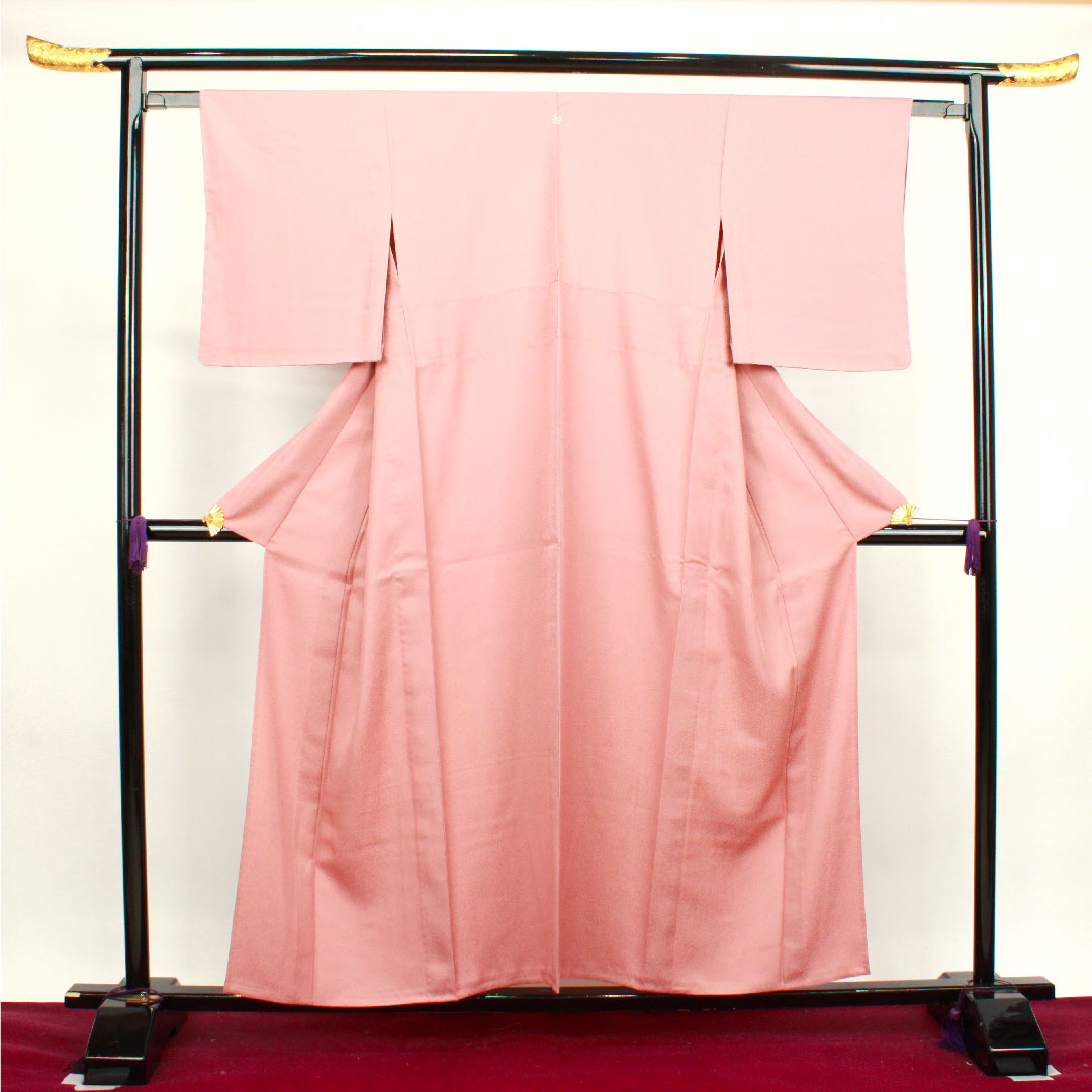 色無地 ポリエステル 帯紅色 洗える着物 しつけ糸付き 中陰桔梗  身丈156.5cm 裄丈61.5cm 単衣  Aランク ピンク系 1114000683313