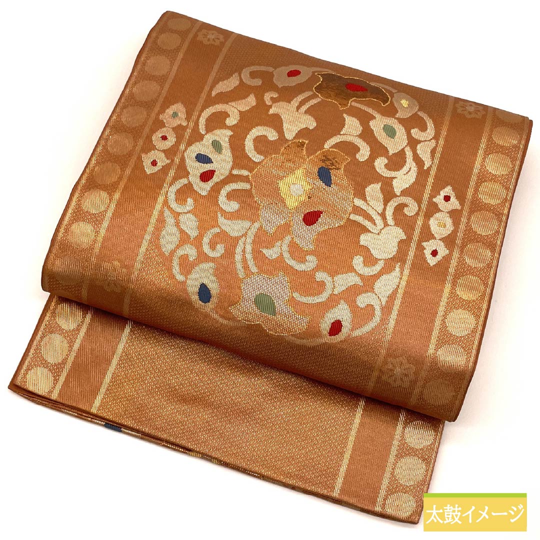 Fukuro Obi (sash) made of pure silk in Shikanchairo (brown) with an abstract floral pattern, 440cm long, S rank, six-pass, semi-formal, brown, product number 1123014982314