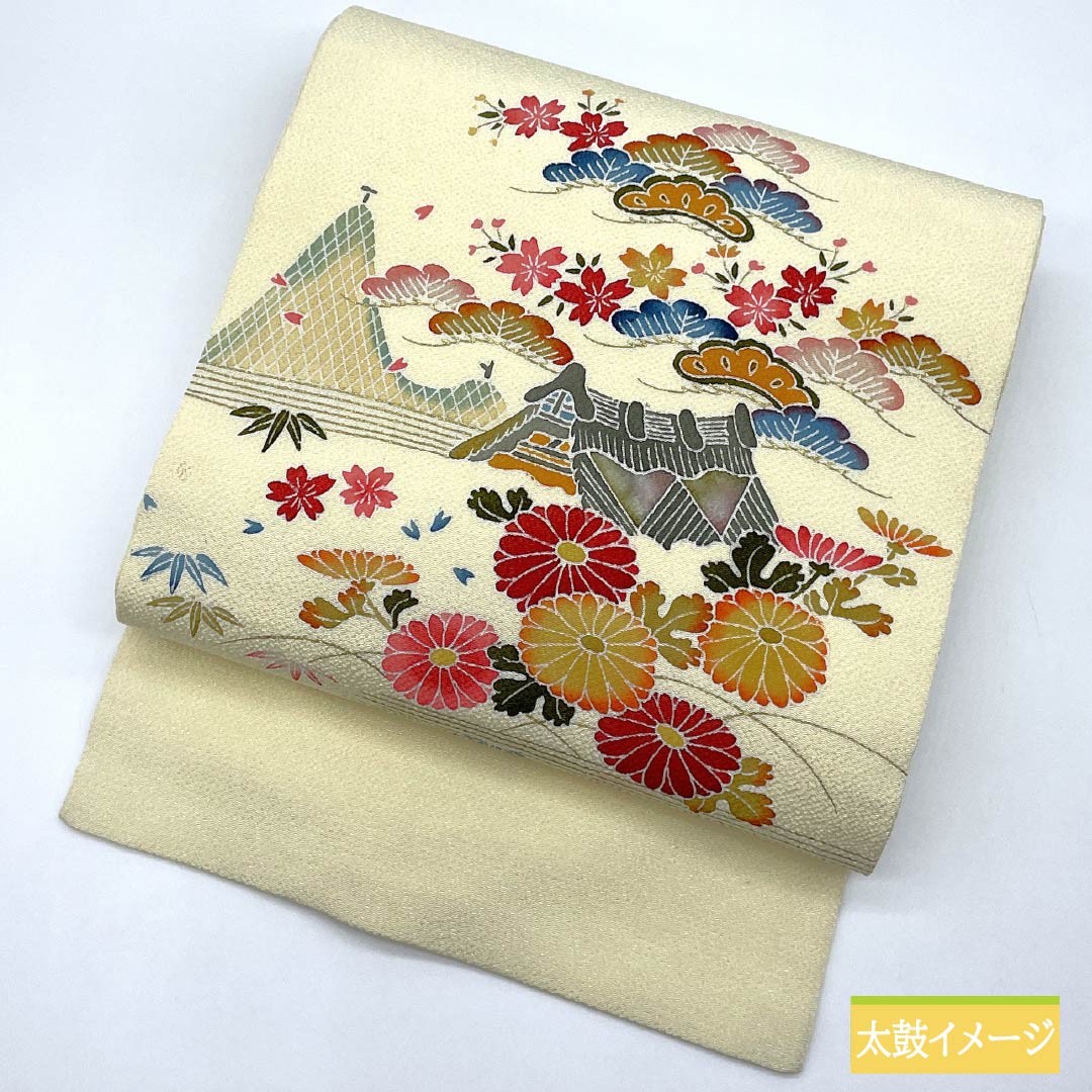 Nagoya obi, pure silk, milky white color, crepe fabric, dyed obi, pine, obi length 356cm, A rank, point pattern, semi-formal, cream color, 1124007293315, Nagoya style