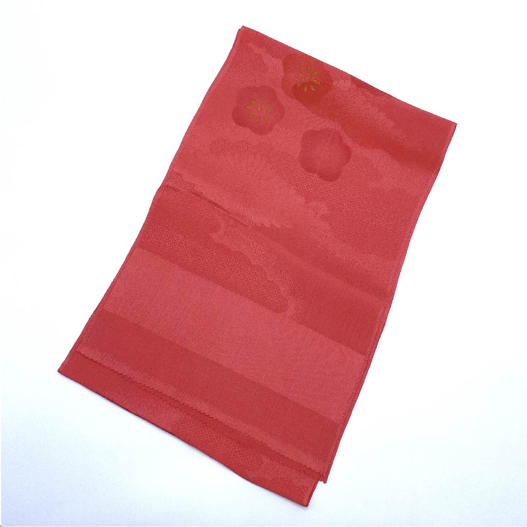 （新古品） 帯揚げ 正絹 フォーマル 甚三紅色（じんざもみいろ） 梅 菊菱 雲取り 長さ約168cm 幅約29.5cm Sランク 赤系 1136000132912