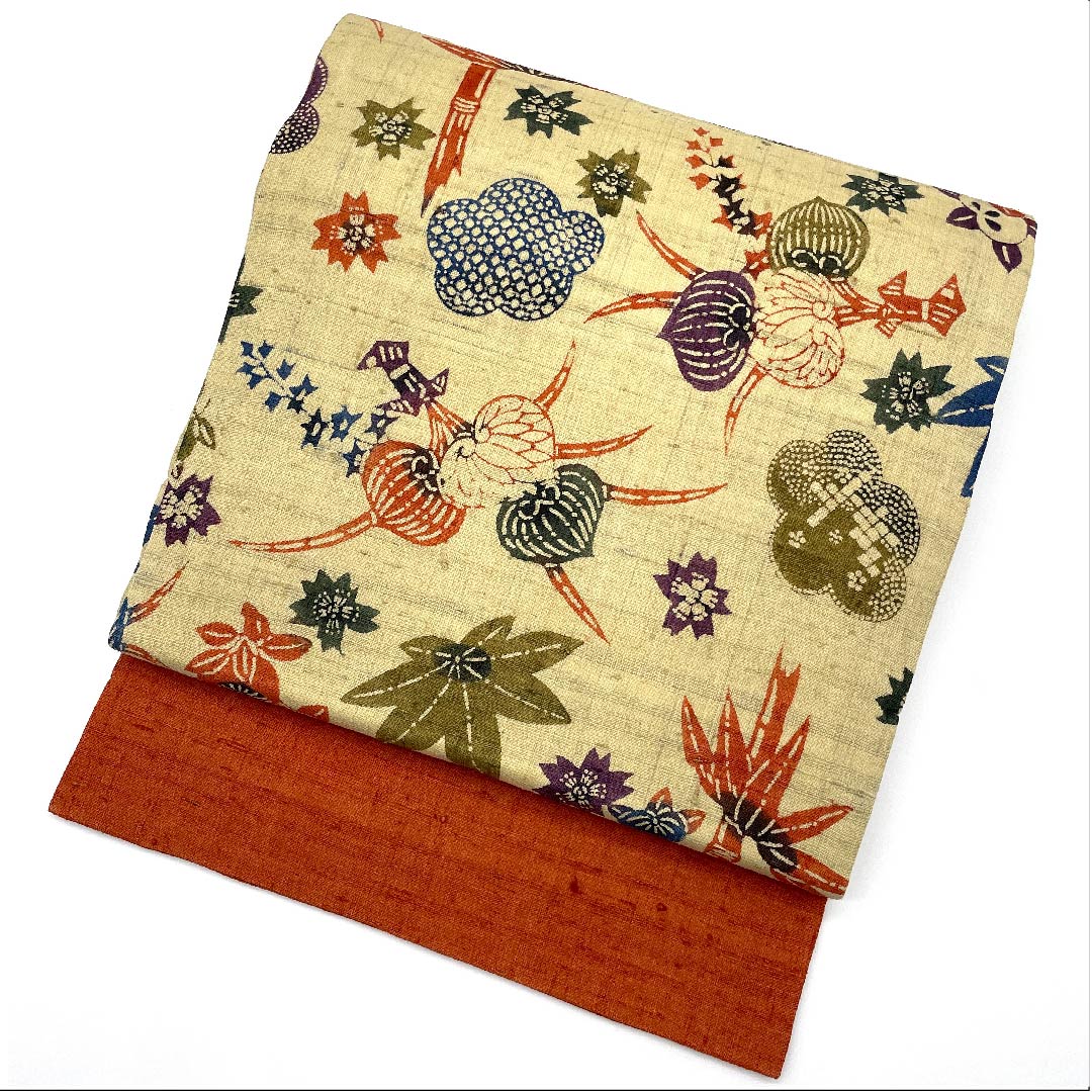 名古屋帯 桑色白茶色 紬地 葵 橘 松 紅葉 桜 帯丈362cm 正絹 Sランク全通 カジュアル ベージュ系 1124004672325  名古屋仕立て