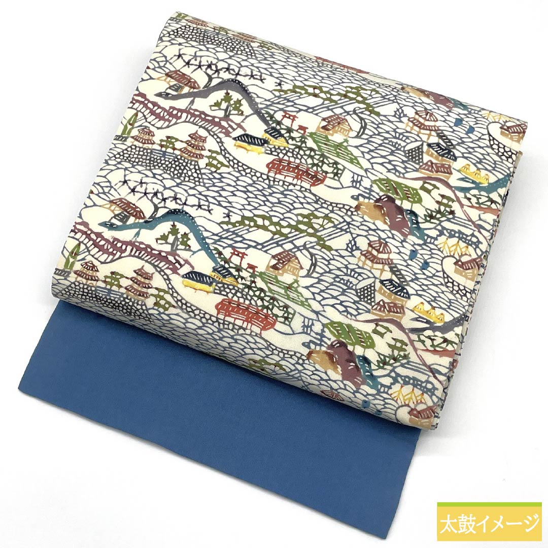 Nagoya Obi, Pure Silk, Grade A, Natural Color (Kinari-iro), Stencil Dyed with Bingata-inspired Landscape Pattern, Length 371cm, Six-fold, Casual, Cream-toned, Product Number 1124010593315, Nagoya Style