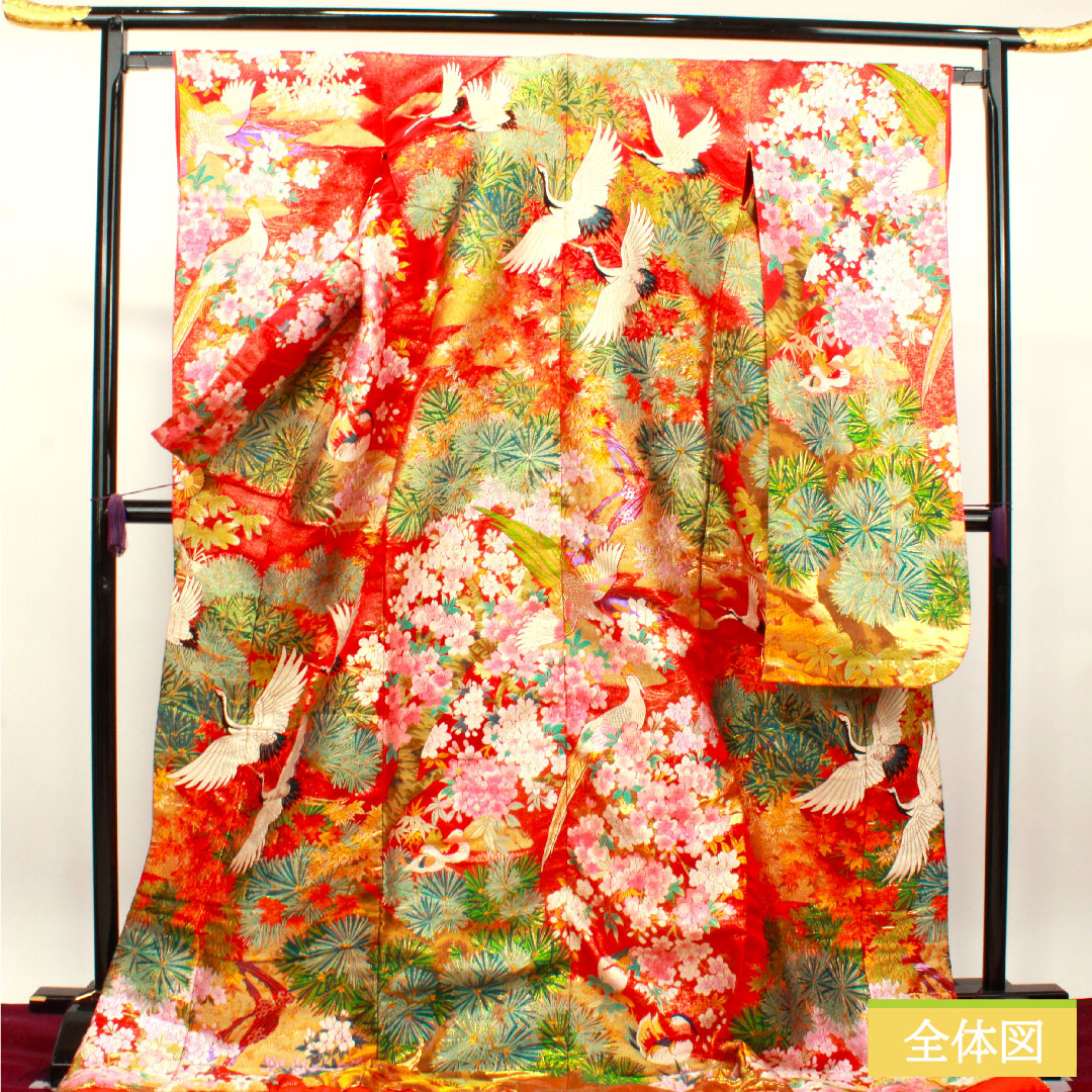 色打掛 正絹 身丈193cm 裄丈65cm  唐織 鶴 松 桜 鴛鴦 Aランク 袷 朱系 1110000713916