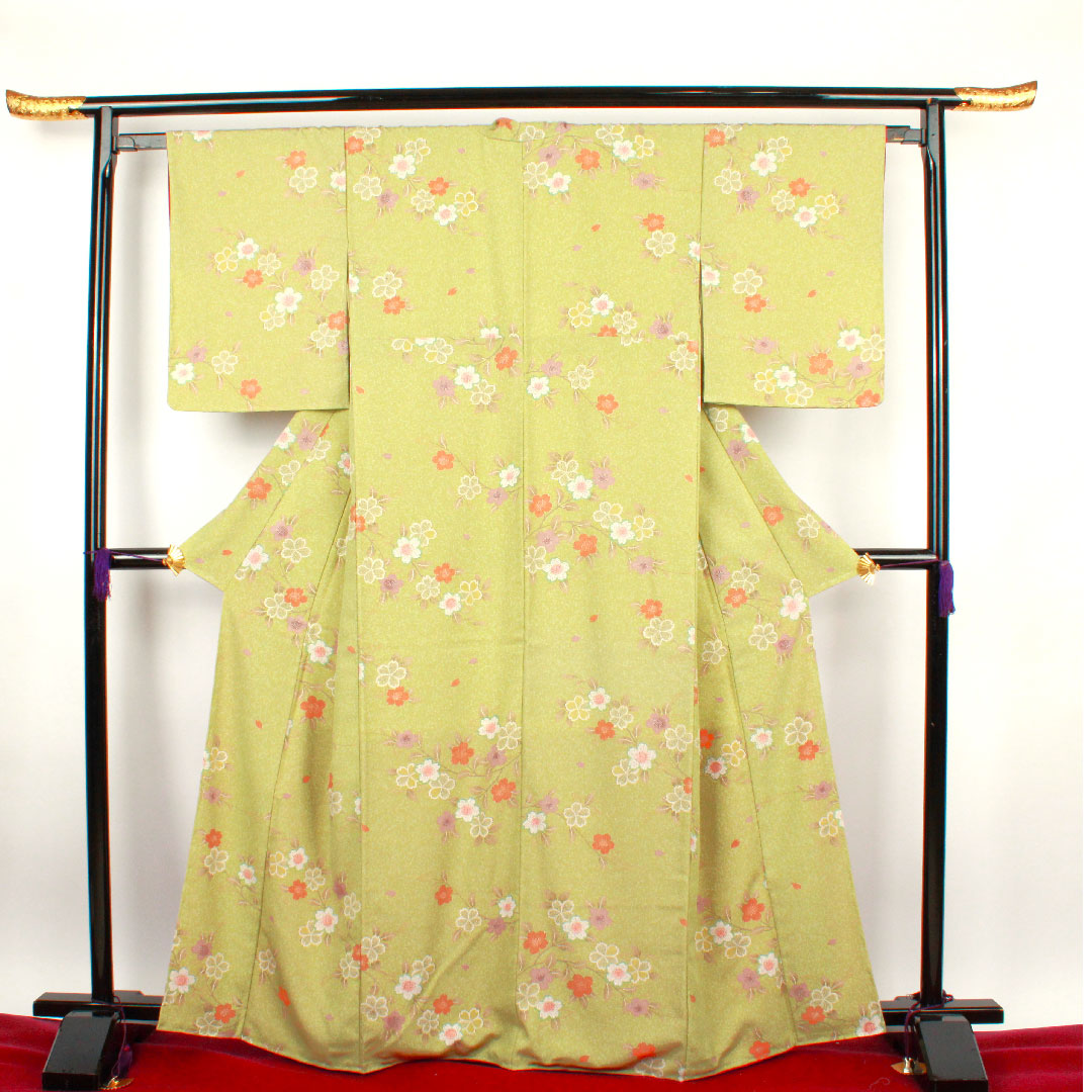 小紋 身丈164cm 裄丈64cm 袷  薄青朽葉色 洗える着物 桜  ポリ Sランク 緑系 1115002342419