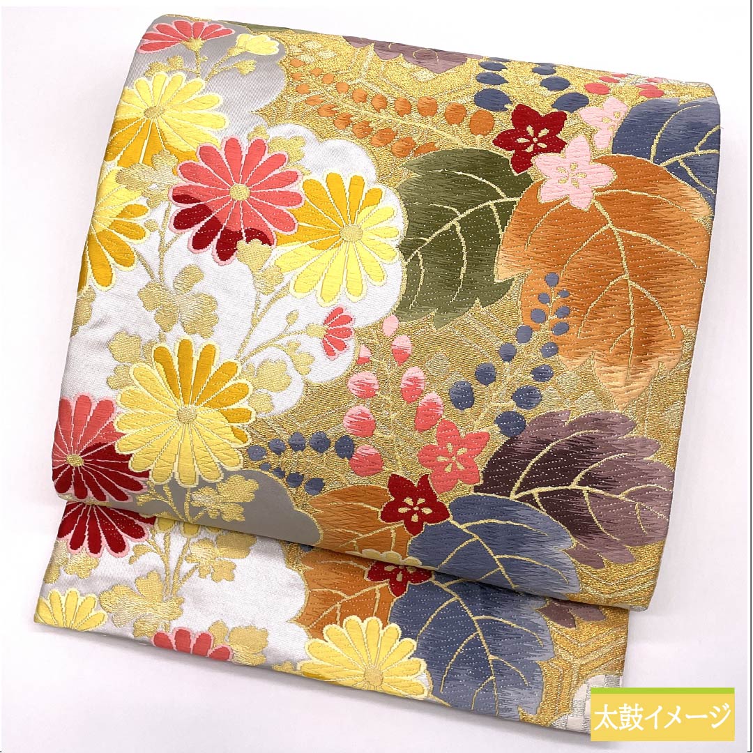 Fukuro Obi, pure silk, fish belly white (gyo to aku iro), Shirayaen Oba, chrysanthemum, bellflower, bamboo, obi length 432cm, A rank, six-pass, formal, gray, 1123012023322